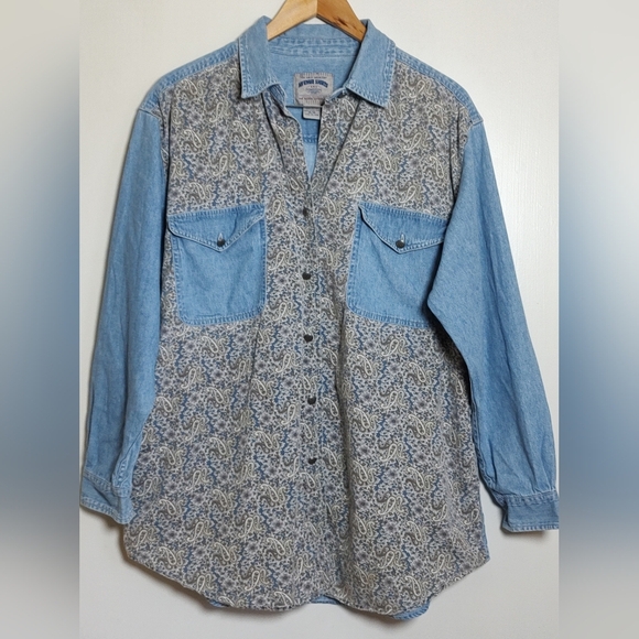 Avenue Tops - Avenue Clothing CO. Vintage Mixed Media Blue Paisley Denim Shirt